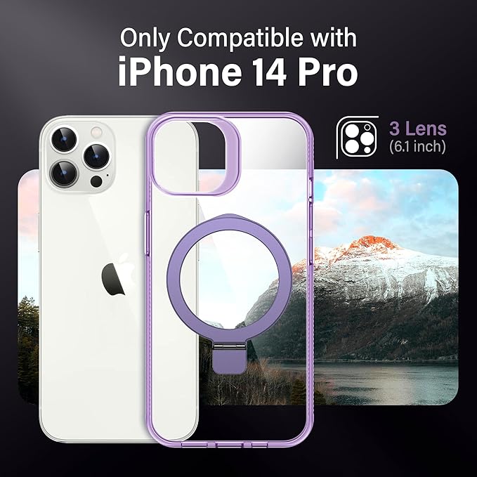 Magnetic Case for iPhone 14 Pro - [Built-in Invisible Stand] [Compatible with MagSafe] [Military Grade Drop Protection] Anti-Yellowing Hard Back Silicone Edge Cover, 6.1", Clear Purple