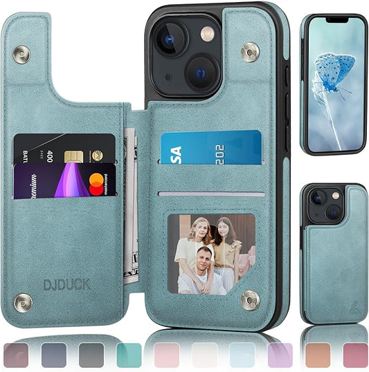 DJDUCK Designed for iPhone 14 Case Wallet with Card Holder, [Magnetic Clasp Cover] [RFID Blocking Leather Protection] Shockproof Women Men Cases 6.1 Inch for Apple 14 Sky Blue