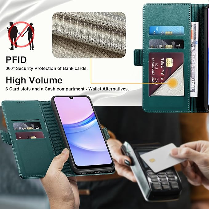 Wallet Flip Case for Samsung Galaxy A15 5G - [RFID Blocking] Luxury PU Leather Card Holder Magnetic Phone Cover with Kickstand,Shockproof Protective Case,Green