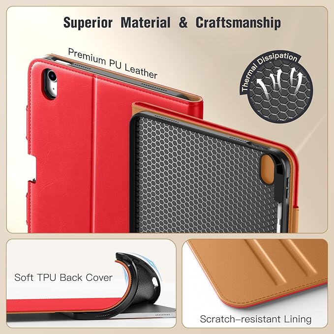 MoKo for iPad (A16) 11th Generation Case 11 inch 2025, iPad 10th Generation Case 10.9" 2022 with Pencil Holder & Pocket, Premium Leather Folio Stand Cover, Multiple Viewing Angles, Water Red