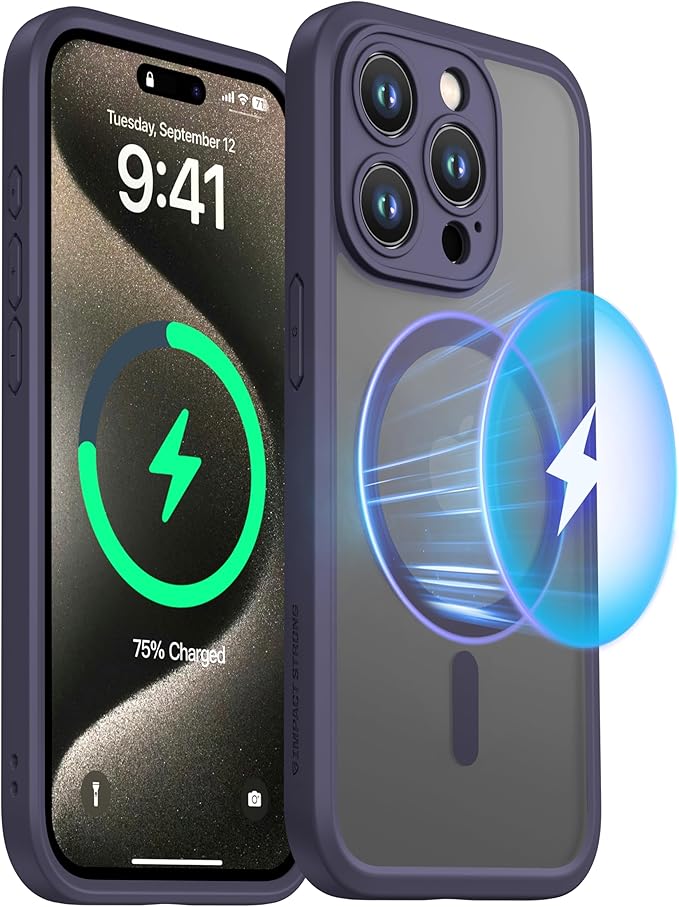 ImpactStrong Magnetic Guard Designed for iPhone 15 Pro Max Case [Camera Protection] [Military Grade Drop Tested] [Compatible with MagSafe] Slim Translucent Matte Phone Case (6.7") - Deep Purple