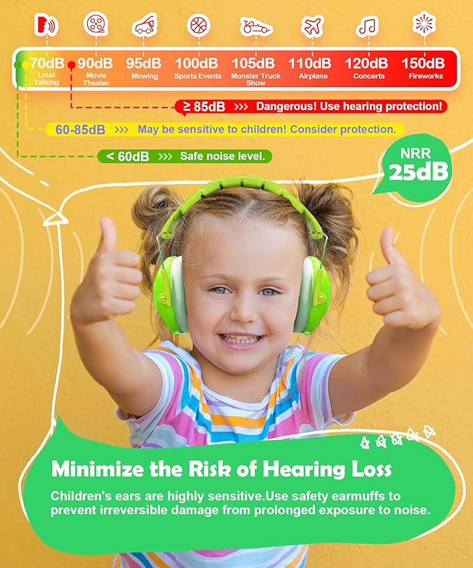 PROHEAR 032 2.0 Noise Cancelling Headphones for Kids - 25dB Noise Reduction - Adjustable Sensory Ear Protection Muffs for Concert, Fireworks, Monster Truck Shows, School - Green