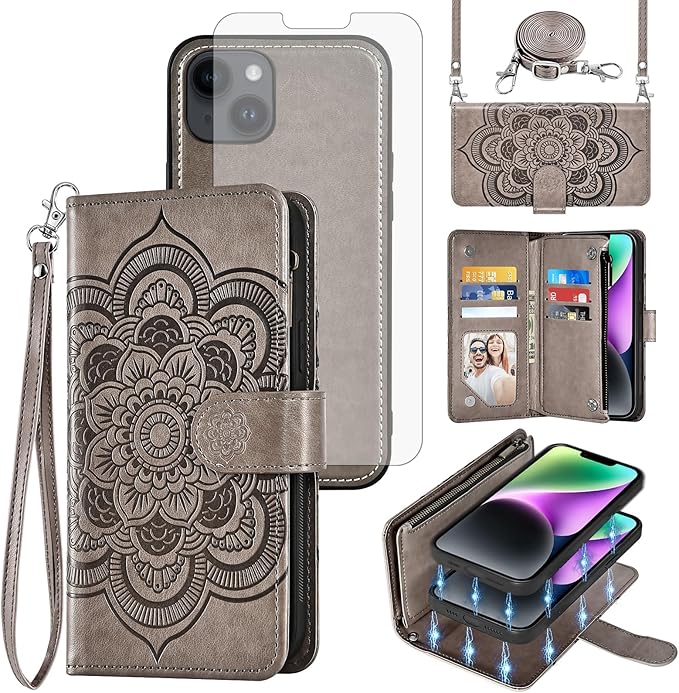 Asuwish Phone Case for iPhone 14 6.1 inch Zipper Wallet Detachable Cell Cover with Tempered Glass Screen Protector Crossbody Strap Flower Card Holder iPhone14 5G i i-Phone i14 14Case Women Girls Gray