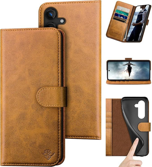 Compatible with Samsung Galaxy S25 Genuine Leather Wallet case【RFID Blocking】【4 Credit Card Holder】【Real Leather】 Flip Folio Book Phone case Cover Women Men for Samsung S25 case Khaki