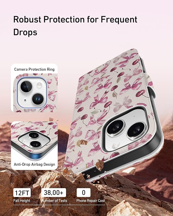 DEENAKIN for iPhone 15 Wallet Case with Card Holder + Cash Clip, RFID-Blocking, Military-Grade Drop Protection, Magnetic Closure with Leather Kickstand - Cherry & Bowknot