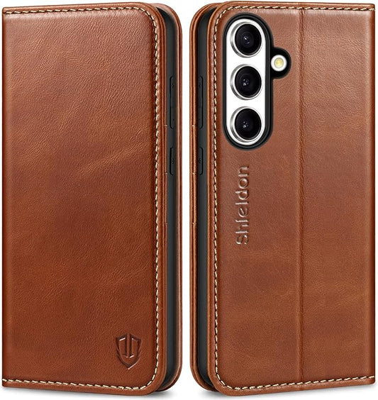 SHIELDON Case for Galaxy S25+ 6.7" 2025, Genuine Leather Flip Wallet Book Case Magnetic RFID Blocking Credit Card Holder Kickstand Shockproof Cover Compatible with Galaxy S25 Plus - Retro Brown