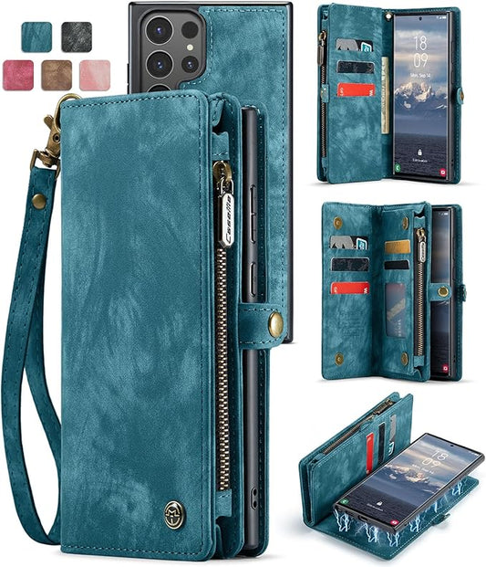 SZHAIYU 2 in 1 Detachable for Samsung Galaxy S25 Ultra Wallet Case with Card Holder, Retro Premium Flip Leather Cover Magnetic Zipper Pocket Phone Cases 6.8'' (Blue, S25 Ultra)