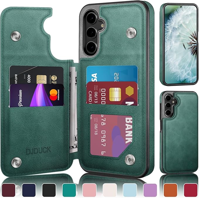 DJDUCK Designed for Samsung Galaxy S25 Case Wallet with Card Holder, [Magnetic Clasp Cover] [RFID Blocking Leather Protection] Shockproof Women Men Cases for Samsung S25 Sea Green