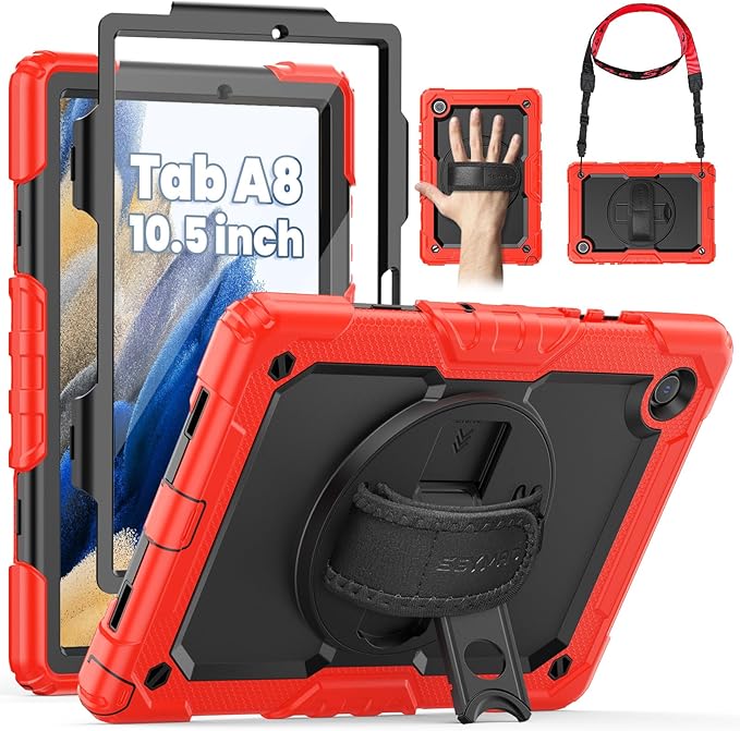 SEYMAC for Samsung Galaxy Tab A8 Case 10.5 Inch (SM-X200/ X205/ X207), Heavy Duty Full-Body Shockproof Protective Case with Screen Protector, Rotating Stand, Hand/Shoulder Strap and Pen Holder, Red