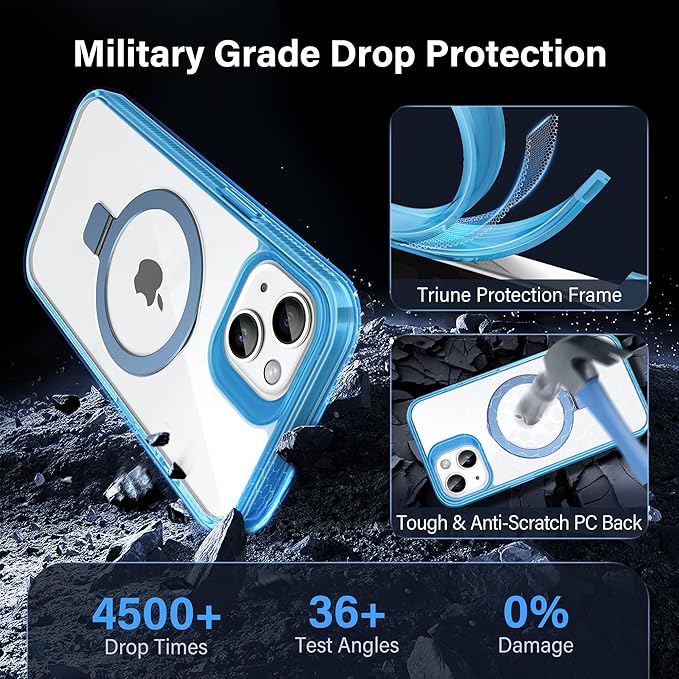Magnetic Case for iPhone 15 Plus - [Built-in Invisible Stand] [Compatible with MagSafe] [Military Grade Drop Protection] Anti-Yellowing Hard Back Silicone Edge Cover, 6.7", Clear Blue