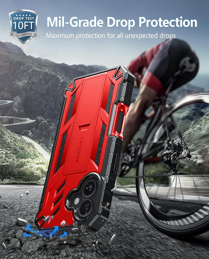 FNTCASE for iPhone 16 Phone Case: for iPhone 16 case with Kickstand Shockproof Military Grade Protective Cover - Dual Layer Full Protection Sturdy Matte Textured Drop Proof - 6.1 Inch Red