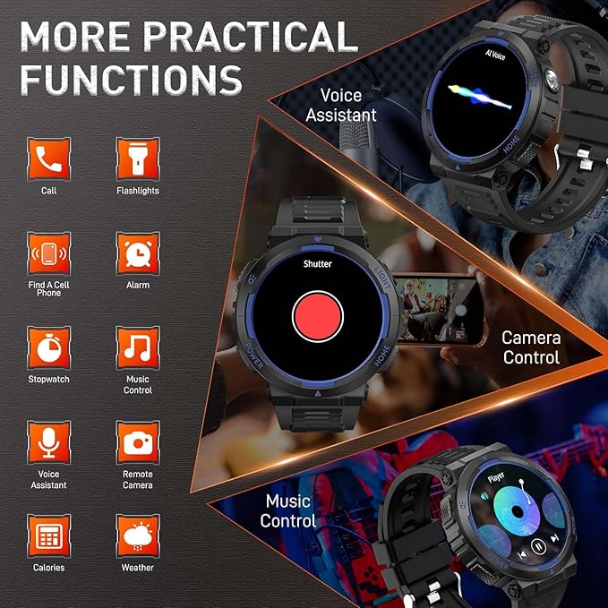 Military Smart Watches for Men (Answer/Make Calls) with LED Flashlight 3ATM Waterproof Smartwatch with 100+ Sports Modes 1.53" Fitness Tracker with Heart Rate Monitor for iPhone Android
