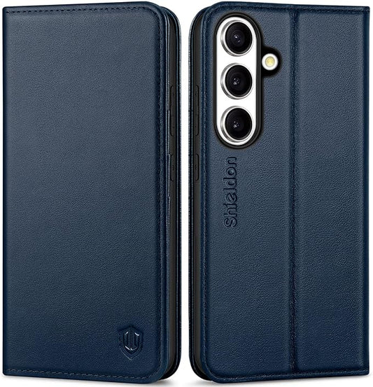SHIELDON Case for Galaxy S25 5G 6.2", Genuine Leather Flip Wallet Case Kickstand RFID Blocking Credit Card Holder Magnetic Closure Shockproof Cover Compatible with Galaxy S25 2025 - Nappa Navy Blue