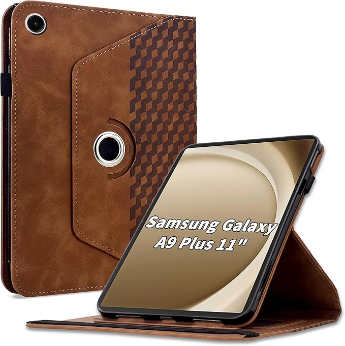 Case for Samsung Galaxy Tab A9 Plus 11" 2023 (SM-X210/X216/X218),360 Degree Rotating PU Leather Folio Protective Case with Auto Sleep/Wake,Card Holder&Shoulder Strap for Woman Man,Brown