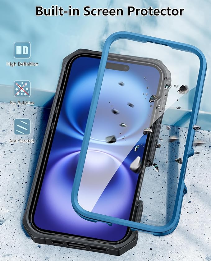 FNTCASE for iPhone 16 Phone Case: Rugged Protective Belt Clip Holster Heavy Duty with Built in Kickstand & Built-in Screen Protector | 360 Full Protection Shockproof Cover, 6.1inch (Blue)