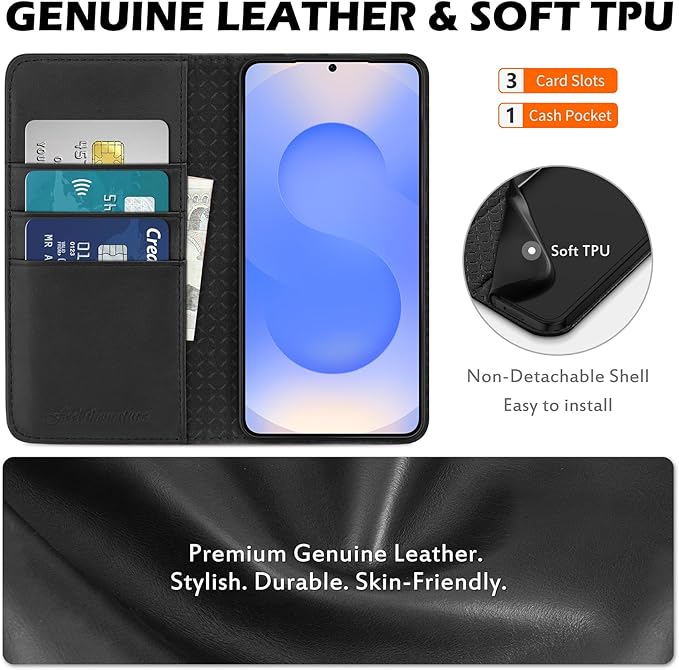 SHIELDON Wallet Case for Galaxy S25 FE 6.7" 2025, Genuine Leather Folio Case Magnetic RFID Blocking Credit Card Holder Kickstand Shockproof Phone Cover Compatible with Galaxy S25 FE - Nappa Black