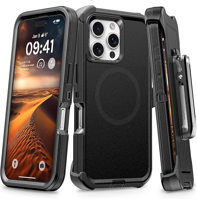 for iPhone 16 Pro Case with Belt Clip Holster, Anti-Shock, Anti-Slip, Compatible with MagSafe, 3-Layer Drop Protection, Heavy Duty Magnetic Phone Case Cover for 16 Pro, 6.3", Black