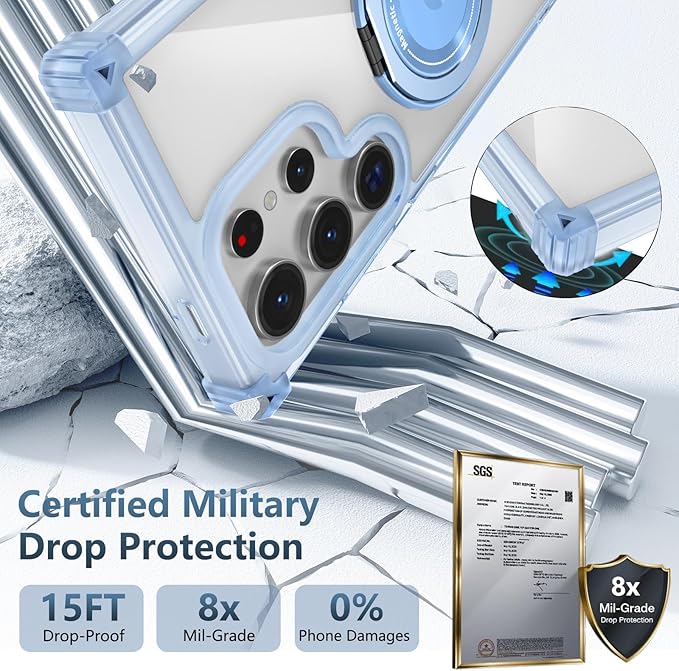 for Samsung Galaxy S23 Ultra Case Compatible Wireless Charging Magnetic,with Screen Protector,for S23Ultra Phone Case with 360°Stand Ring Military Grade Shockproof Heavy Duty Protection Blue