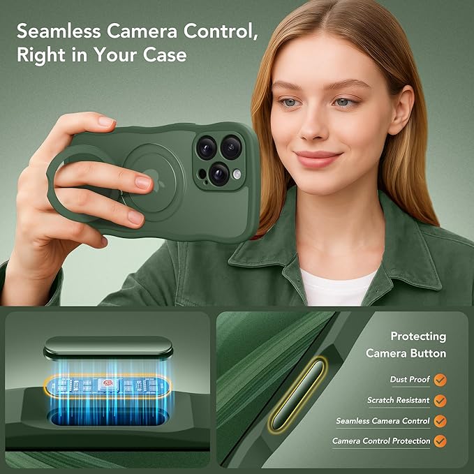 GolbinBox for iPhone 16 Pro Case for Women,[Compatible with Magsafe][360° Spin Magnetic Stand][Cute Wave Edge][Military-Grade Protection] Translucent Matte Phone Case for iPhone 16 Pro, Green