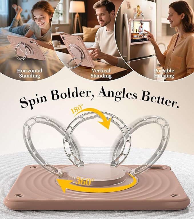 BRAECN Ripple Case for iPad (A16)11th/10th Generation 11/10.9 inch 2025/2022 Zinc Alloy Handle Ring Stand Protective Heavy Duty Screen Protector 360°Rotating 180°Folding Shoulder Strap Full-Body Cover