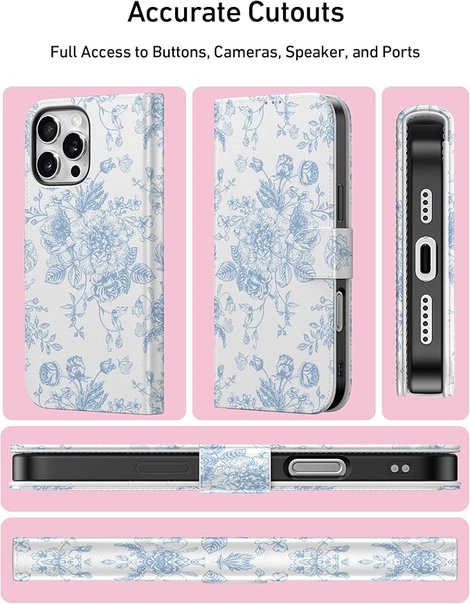 DEENAKIN for iPhone 16 Pro Wallet Case with Card Holder + Cash Clip, RFID-Blocking, Military-Grade Drop Protection, Magnetic Closure with Leather Kickstand - Blue Floral Design