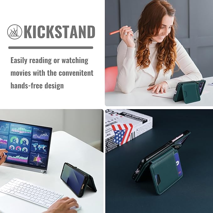 ASAPDOS for Samsung Galaxy Z Flip 7 PU Leather Wallet Phone Case with Card Slots (Holds 5 Cards), Anti-Drop Protection, Wrist & Shoulder Strap Blue Green