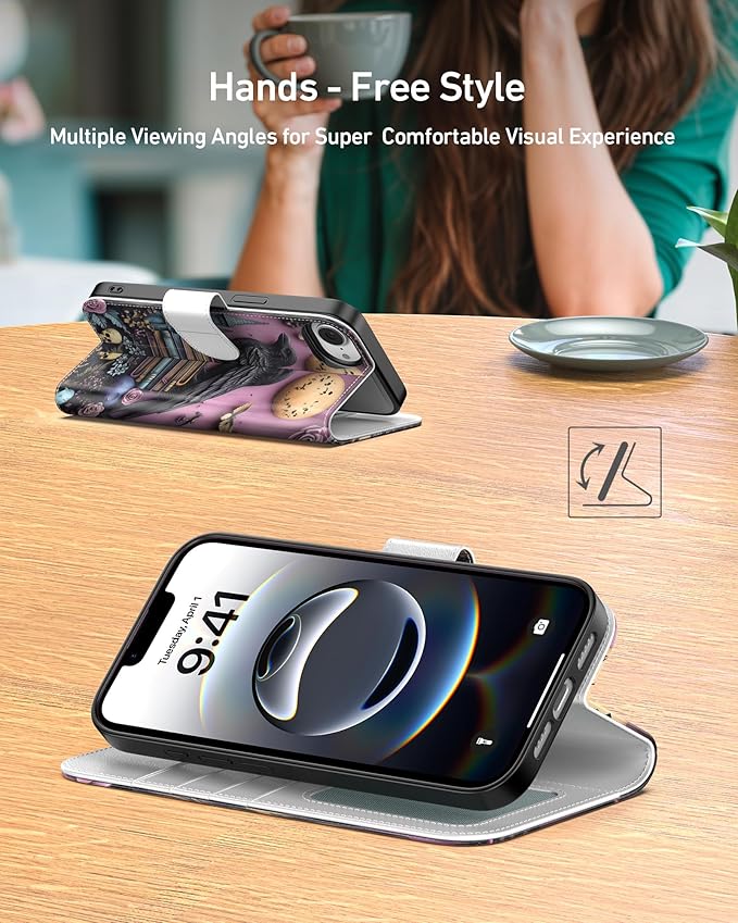 DEENAKIN for iPhone 16e Wallet Case with Card Holder + Cash Clip, RFID-Blocking, Military-Grade Drop Protection, Magnetic Closure with Leather Kickstand - Gothic Skull & Raven