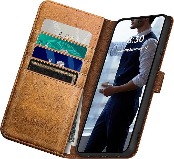 Compatible with Samsung Galaxy S25 Genuine Leather Wallet case【RFID Blocking】【4 Credit Card Holder】【Real Leather】 Flip Folio Book Phone case Cover Women Men for Samsung S25 case Khaki