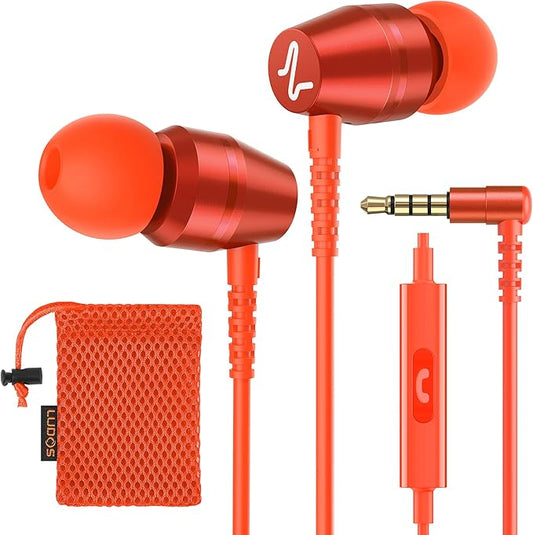 LUDOS OMNITONE Wired Earbuds in-Ear Headphones, 5 Year Warranty, Earphones with Microphone, 3.5 mm Jack Corded Ear Buds, Videoconference for iPhone, Samsung, Laptop, Kids, School Students - Coral
