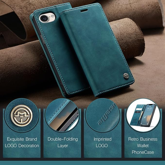 for iPhone 16e / iPhone SE 4 / iPhone SE 2025 Case, Flip Wallet Leather Case with Card Holder Magnetic Closure Shockproof Kickstand Protective Phone Cases Cover for iPhone 16e, Blue-Green