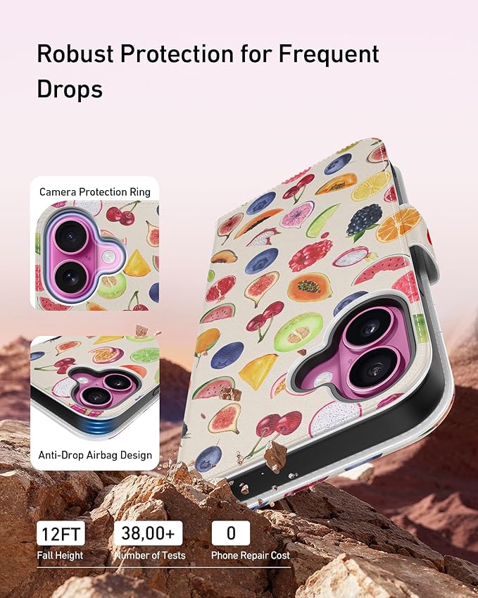 DEENAKIN for iPhone 16 Plus Wallet Case with Card Holder + Cash Clip, RFID-Blocking, Military-Grade Drop Protection, Magnetic Closure with Leather Kickstand - Fruit Illustration