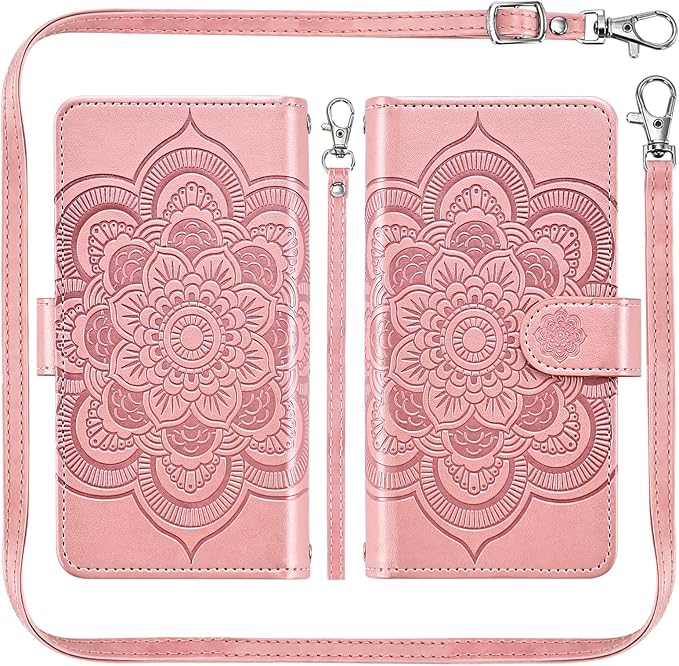 Asuwish Phone Case for iPhone 14 6.1 inch Zipper Wallet Detachable Cell Cover with Tempered Glass Screen Protector Crossbody Strap Flower Card Holder iPhone14 5G i i-Phone i14 14Case Women Rose Gold