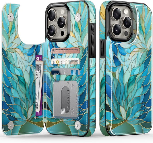 FUNMIKO for iPhone 14 Pro Max Wallet Case with Card Holder, RFID-Blocking, Military-Grade Protection & UV-Printed Artwork, Magnetic Closure with Leather Kickstand - Sleek Cyan Leaf
