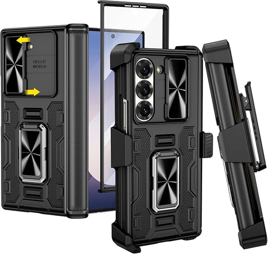 VEGO for Galaxy Z Fold 6 Case with Belt Clip Holster, 360°Ring Magnetic Kickstand & Camera Cover & Front Screen Protector & Hinge Protection Shockproof Armor Case for Samsung Z Fold 6 - Black