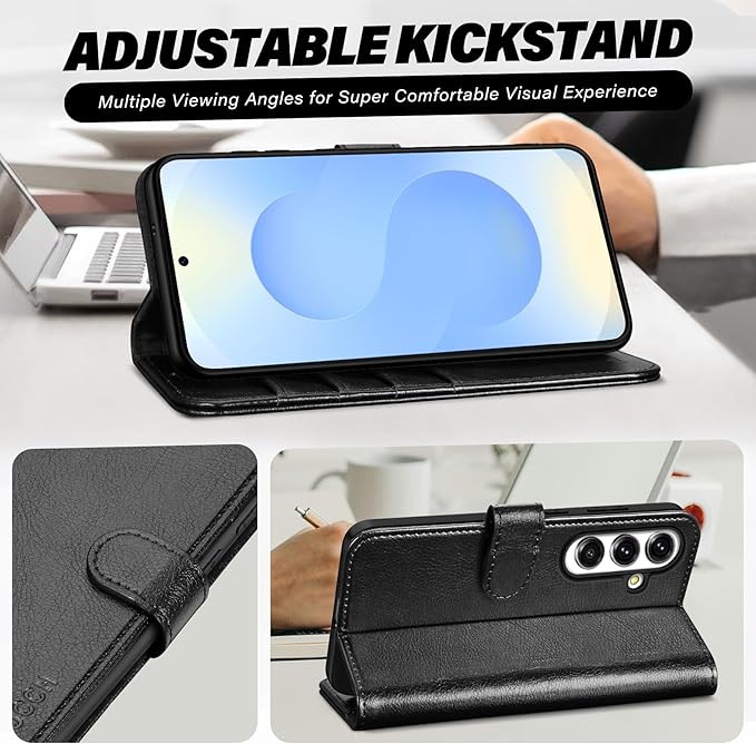 TUCCH Wallet Case for Galaxy S25 FE, Magnetic PU Leather Stand [RFID Blocking] 4 Card Slots Protective Folio Cover with [TPU Shockproof Interior Shell] (6.7") 2025, Textured Black