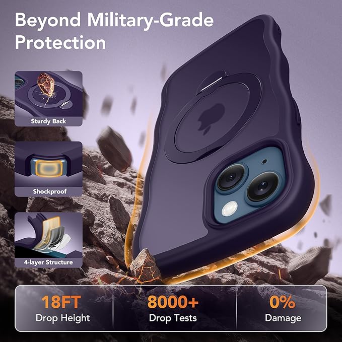 for iPhone 13 Case & iPhone 14 Case for Women,[Compatible with Magsafe][360° Spin Magnetic Stand][Cute Wave Edge][Military-Grade Protection]Translucent Matte Phone case for iPhone 13/14, Dark Purple