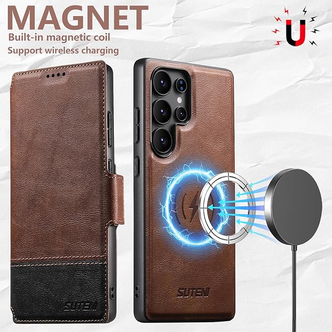 SINIANL for Samsung Galaxy S22 Ultra Leather Wallet Case Compatible with MagSafe Wireless Charging, Detachable Leather Cover with Card Slots Holder, Kickstand, Magnetic for Galaxy S22 Ultra Brown