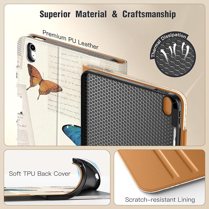 MoKo for iPad (A16) 11th Generation Case 11 inch 2025, iPad 10th Generation Case 10.9" 2022 with Pencil Holder & Pocket, Premium Leather Folio Stand Cover, Multiple Viewing Angles, Vintage Butterfly