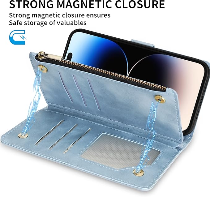 ZZXX for iPhone 14 Pro Case Wallet with [RFID Blocking] Card Slot Premium PU Leather Zipper Flip Folio with Wrist Strap Kickstand Protective Cover for iPhone 14 Pro Wallet Case(Light Blue-6.1 inch)
