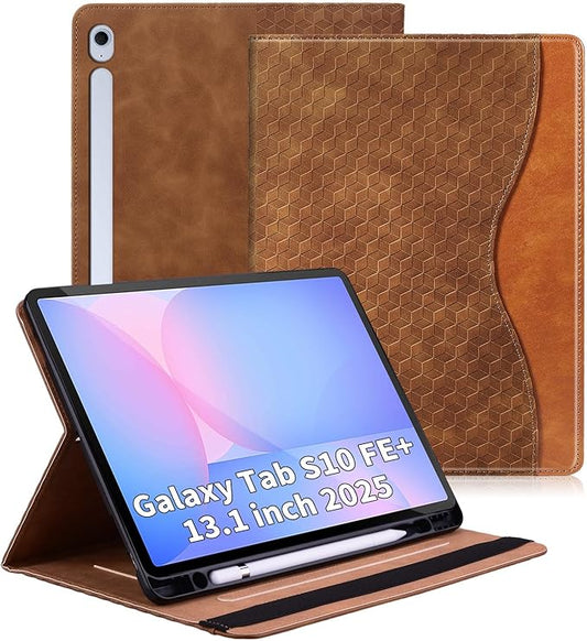 Case for Samsung Galaxy Tab S10 Fe Plus 13.1" 2025, PU Leather Folio Business Protective, Multi-Angle Viewing Stand with Front Pocket, Hand Strap for Galaxy S10 FE+ Brown
