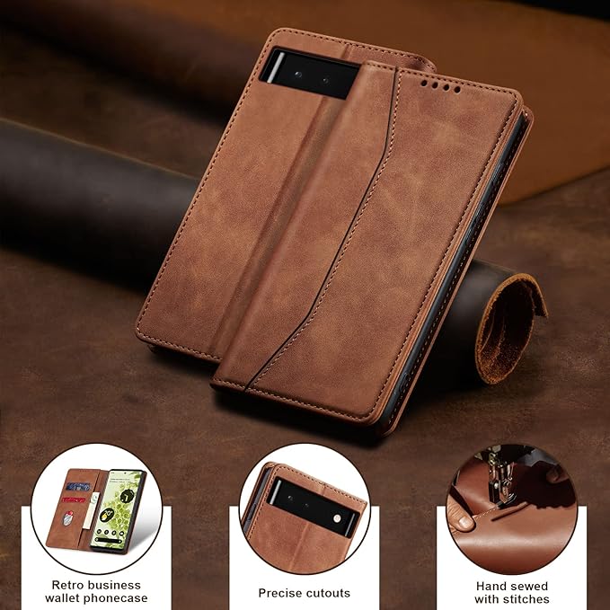 Jasonyu Flip Wallet Case for Google Pixel 6 5G,Leather Magnetic Folio Cover with Card Holder,Kickstand - TPU Shockproof Durable Protective Phone Case,Brown