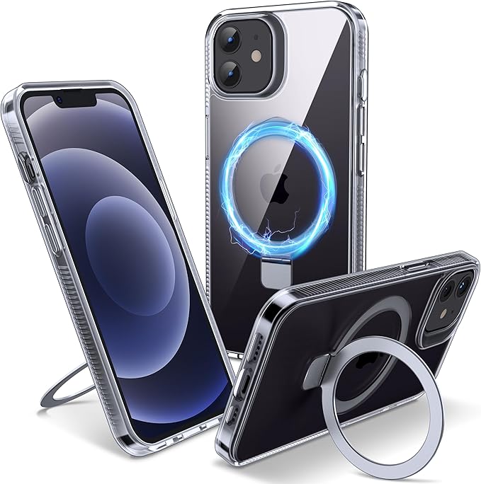 Magnetic Case for iPhone 12/12 Pro - [Built-in Invisible Stand] [Compatible with MagSafe] [Military Grade Drop Protection] Anti-Yellowing Hard Back Silicone Edge Cover, 6.1", Clear