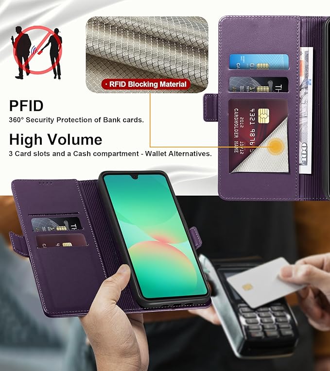 Wallet Flip Case for Samsung Galaxy A26 5G - [RFID Blocking] Luxury PU Leather Card Holder Magnetic Phone Cover with Kickstand,Shockproof Protective Case,Purple