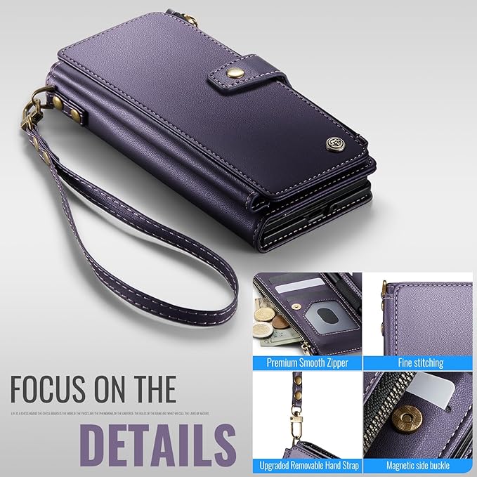 Vinich for Samsung Galaxy Z Fold 7 Wallet Case with Card Holder, Detachable Strap RFID Blocking Credit Slots Kickstand Shockproof Phone Cover for Women Men, Purple