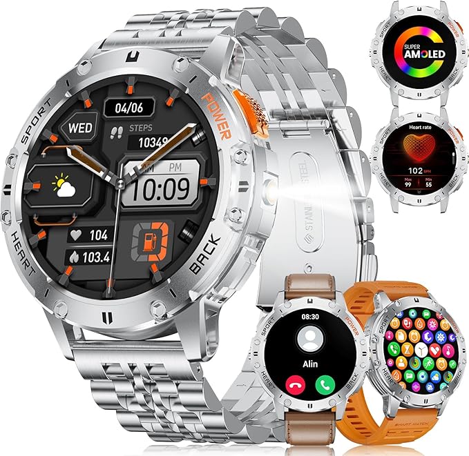 Smart Watches for Men(3 Straps),1,43'' AMOLED Military Smart Watch for Men with LED Flashlight/530mAh Large Battery/5ATM Waterproof,Fitness Tracker Smartwatch with Answer/Make Call Silver
