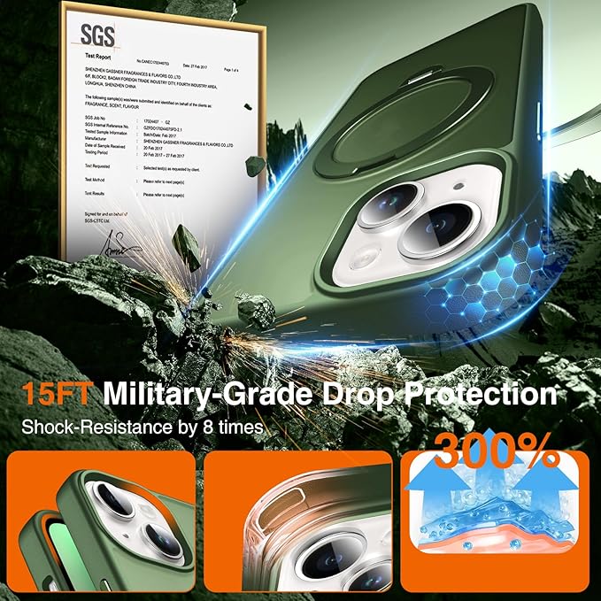 360° O-Ring MagStander for iPhone 13 Case, iPhone 14 Case with Magnetic Stand Ring Holder [Compatible with MagSafe][15FT Military Shockproof] Kickstand iPhone 13/14 Phone Cover Matte Green