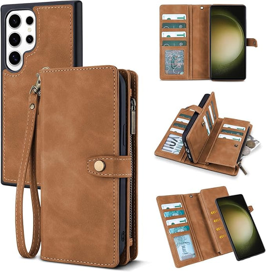 TwoHead for Samsung Galaxy S23 Ultra Wallet Case with Card Holder & Detachable Magnetic Phone Case for Galaxy S23 Ultra,PU Leather Shockproof Protective Phone Cover Wallet(6.8 in,Brown)