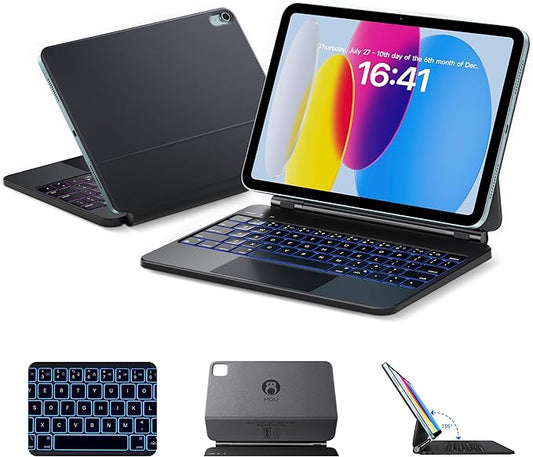 HOU Keyboard Case for iPad A16 11/10, Magnetic Magic-Stand, Floating Design, Durable Spindles, Multi-Touch Trackpad, 7 Colors Backlit, Stain Resistant PU, Bluetooth