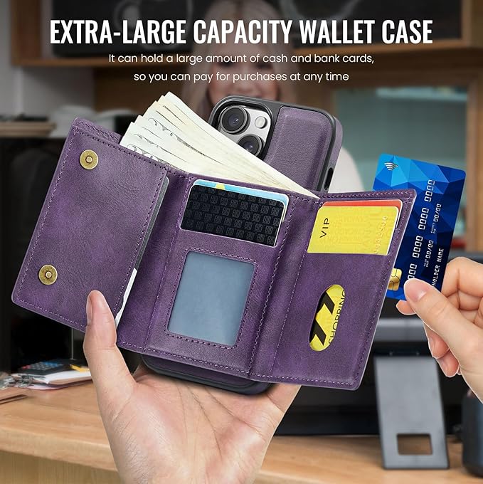 Asuwish Phone Case for iPhone 14 6.1 inch Wallet Magnetic Detachable Cell Cover with Wireless Charging and RFID Blocking Credit Card Holder Flip Stand iPhone14 5G i i-Phone i14 14Case Women Men Purple