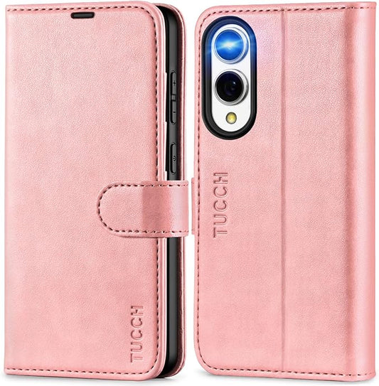 TUCCH Wallet Case for Galaxy S25 Edge, Magnetic PU Leather Stand [RFID Blocking] [4 Credit Card Holders] Flip Cover with [TPU Shockproof Interior Case] Compatible with Galaxy S25 Edge 6.7", Rose Gold
